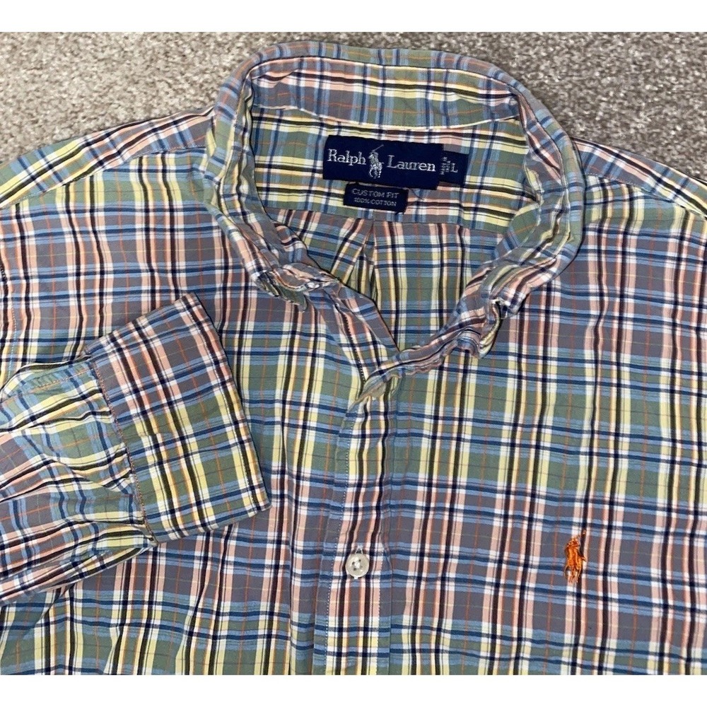 Polo Ralph Lauren Blue/Green/Orange Plaid Shirt Mens L Orange Pony Cotton Preppy